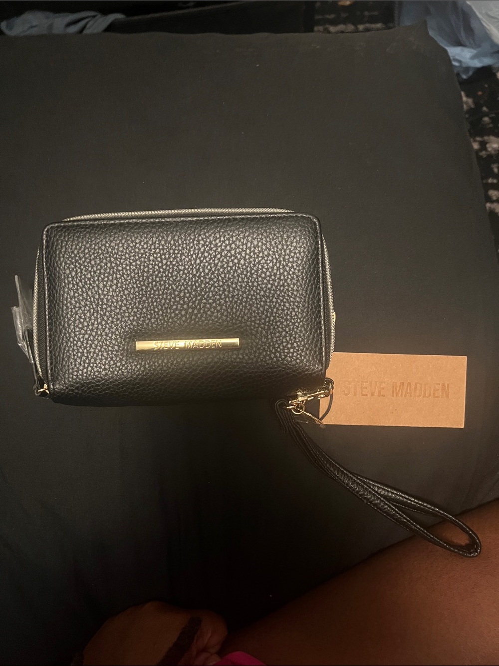 Steve Madden Black Pebbled Leather Wristlet with Gold Plaque